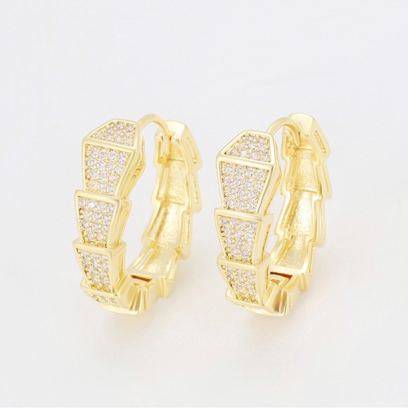 Snake Hoop Earrings 14k Gold Plated 925 Sterling Silver CZ Stone Luxury - Picture 3 of 10